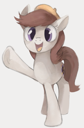 Size: 567x864 | Tagged: safe, artist:dotkwa, derpibooru import, oc, oc only, earth pony, pony, beret, gray background, hat, looking at you, open mouth, open smile, simple background, smiling, smiling at you, solo, waving