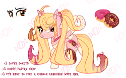 Size: 4335x2702 | Tagged: safe, artist:idkhesoff, derpibooru import, oc, oc only, oc:strawberry sprinkles, alicorn, pony, alicorn oc, choker, clothes, coat markings, donut, ear piercing, earring, female, food, freckles, horn, horn piercing, jewelry, mare, multicolored hair, piercing, raised hoof, raised leg, reference sheet, shirt, simple background, solo, white background, wings