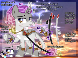 Size: 3046x2297 | Tagged: safe, artist:midnightmusic, derpibooru import, oc, oc only, oc:sunrise strom, pony, unicorn, armor, belt, coat markings, curved horn, dagger, elbow pads, eye scar, female, glowing, glowing horn, horn, horn guard, katana, knee pads, knife, leonine tail, magic, mare, multicolored hair, reference sheet, samurai, scar, solo, sword, tail, viking, weapon