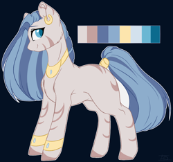 Size: 1496x1402 | Tagged: safe, artist:purplegrim40, derpibooru import, oc, oc only, earth pony, hybrid, pony, zony, colored hooves, dark background, dark blue background, ear piercing, earring, earth pony oc, female, jewelry, magical lesbian spawn, mare, offspring, parent:somnambula, parent:zecora, peytral, piercing, simple background, smiling, solo, tail, tail wrap, white outline