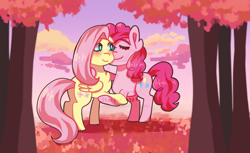 Size: 1024x627 | Tagged: safe, artist:starburst987, derpibooru import, fluttershy, pinkie pie, earth pony, pegasus, pony, autumn, blushing, chest fluff, female, flutterpie, hug, lesbian, shipping, sunset