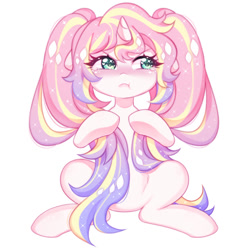 Size: 1024x1024 | Tagged: safe, artist:miioko, derpibooru import, oc, oc only, pony, unicorn, eyelashes, female, frown, grumpy, horn, mare, pigtails, simple background, sitting, solo, teary eyes, twintails, unicorn oc, white background