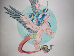 Size: 4032x3024 | Tagged: safe, artist:stormcloud-yt, derpibooru import, oc, draconequus, pony, draconequus oc, rearing, smiling, traditional art