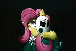 Size: 2220x1500 | Tagged: safe, artist:diamondgreenanimat0, derpibooru import, fluttershy, pegasus, pony, 2022, black background, female, halfbody, looking at you, mask, pink hair, reference, simple background, solo, spread wings, wings