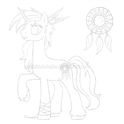 Size: 800x800 | Tagged: safe, artist:shadobabe, derpibooru import, oc, oc only, pony, unicorn, dreamcatcher, horn, lineart, monochrome, raised hoof, raised leg, simple background, solo, unicorn oc, unshorn fetlocks, white background