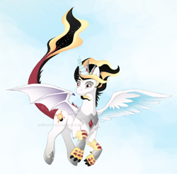 Size: 920x900 | Tagged: safe, artist:shadobabe, derpibooru import, oc, oc only, draconequus, hybrid, draconequus oc, flying, interspecies offspring, male, offspring, outdoors, parent:discord, parent:princess celestia, parents:dislestia, solo
