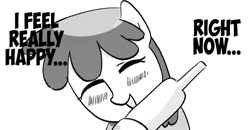 Size: 793x412 | Tagged: safe, artist:omelettepony, ponerpics import, berry punch, berryshine, pony, blushing, drawthread, eyebrows, female, mare, monochrome, open mouth, open smile, ponified, simple background, smiling, solo, text, wine bottle