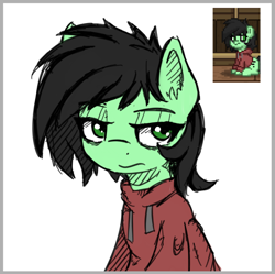 Size: 760x758 | Tagged: safe, artist:zebra, ponerpics import, oc, oc only, oc:anon filly, pony, bags under eyes, clothes, female, filly, foal, hoodie, pony town, solo, unamused