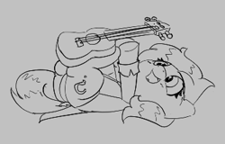 Size: 358x229 | Tagged: safe, artist:pabbley, ponerpics import, oc, oc:anon filly, earth pony, pony, aggie.io, clothes, female, filly, foal, guitar, mare, monochrome, musical instrument, on back, open mouth, simple background, smiling