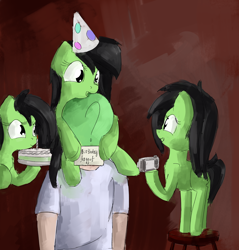 Size: 2980x3120 | Tagged: safe, artist:uteuk, ponerpics import, oc, oc:anon, oc:anon filly, earth pony, human, birthday, cake, female, filly, foal, food, hat, party hat, vulgar