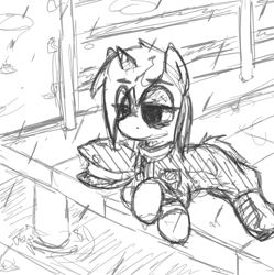 Size: 731x733 | Tagged: safe, artist:zebra, ponerpics import, oc, oc:officer lyra, bags under eyes, boots, clothes, dock, jacket, lying down, pier, rain, rainjacket, shoes, solo, tired, water