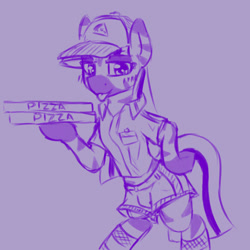 Size: 777x777 | Tagged: safe, artist:zebra, ponerpics import, oc, oc only, baseball cap, bipedal, blushing, cap, clothes, delivery, food, hat, looking at you, pizza, pizza delivery, shirt, shorts, solo, tongue, tongue out