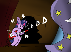 Size: 770x568 | Tagged: safe, artist:str8aura-draws-horses-and-stuff, derpibooru import, trixie, twilight sparkle, brick wall, cape, clothes, curtains, electric guitar, guitar, letter, moon, musical instrument, scott pilgrim vs the world, stage, stars, trixie's cape, twilight sparkle's secret shipfic folder