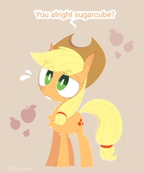 Size: 1246x1493 | Tagged: safe, artist:inkp0ne, derpibooru import, applejack, earth pony, pony, apple, chest fluff, dialogue, female, food, mare, plewds, solo, speech bubble