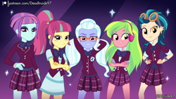 Size: 3840x2160 | Tagged: safe, artist:deadinside97, derpibooru import, indigo zap, lemon zest, sour sweet, sugarcoat, sunny flare, equestria girls, clothes, crystal prep academy uniform, school uniform, shadow five