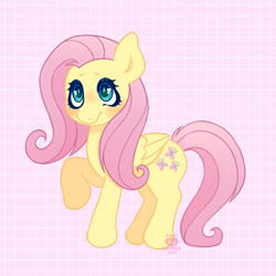 Size: 2048x2048 | Tagged: safe, artist:0laramie0, derpibooru import, fluttershy, pegasus, pony, checkered background, female, high res, mare, raised hoof, raised leg, solo