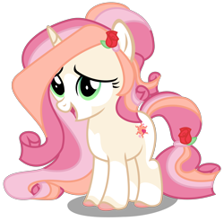 Size: 3500x3440 | Tagged: safe, artist:strategypony, derpibooru import, oc, oc only, oc:rose fluff, pony, unicorn, female, filly, flower, flower in hair, flower in tail, foal, horn, rose, simple background, tail, transparent background, unicorn oc