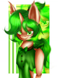 Size: 774x1032 | Tagged: safe, artist:maiza_zara, derpibooru import, oc, oc only, pony, unicorn, >:), bow, bowtie, clothes, green eyes, green mane, hair, horn, looking at you, ponytail, raised hoof, raised leg, shading, signature, smiling, smiling at you, solo, unicorn oc