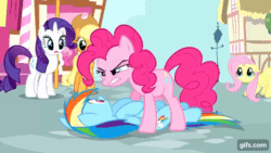Size: 640x360 | Tagged: safe, derpibooru import, screencap, applejack, fluttershy, pinkie pie, rainbow dash, rarity, earth pony, pegasus, pony, unicorn, pinkie pride, season 4, animated, applejack's hat, clothes, cowboy hat, cupcake, ears, eyes closed, female, floppy ears, food, gif, gifs.com, hat, mare, open mouth, out of context