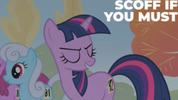 Size: 1280x720 | Tagged: safe, derpibooru import, edit, edited screencap, editor:quoterific, screencap, berry punch, berryshine, linky, shoeshine, twilight sparkle, unicorn twilight, earth pony, pony, unicorn, fall weather friends, season 1, eyes closed, female, mare, offscreen character, smiling, solo focus, text