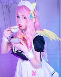 Size: 1080x1350 | Tagged: safe, derpibooru import, fluttershy, human, clothes, cosplay, costume, cup, irl, irl human, maid, photo, solo, teacup