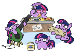 Size: 908x617 | Tagged: safe, artist:jargon scott, derpibooru import, twilight sparkle, unicorn twilight, pony, unicorn, band, cardboard box, commission, disk jockey, female, filly, filly twilight sparkle, foal, food, headphones, leaf blower, looking at you, mayonnaise, meat, multeity, pepperoni, pepperoni pizza, pizza, sauce, self paradox, self ponidox, sign, simple background, sparkle sparkle sparkle, spongebob squarepants, stool, sunglasses, turntable, twiggie, white background, younger