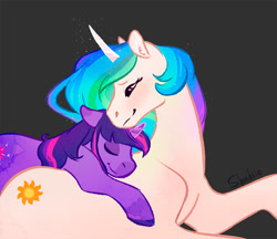 Size: 1029x890 | Tagged: safe, artist:shadsie, derpibooru import, princess celestia, twilight sparkle, unicorn twilight, pony, unicorn, color, cuddling, dark background, eyes closed, female, gray background, lesbian, looking at someone, lying on top of someone, mare, shipping, simple background, smiling, twilestia, wingless