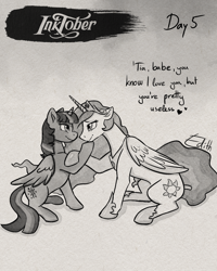 Size: 1120x1400 | Tagged: safe, artist:shadsie, derpibooru import, princess celestia, twilight sparkle, alicorn, 2017, accessories, black and white, dialogue, female, grayscale, inktober, lesbian, looking at each other, looking at someone, monochrome, shipping, simple background, traditional art, twilestia