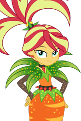 Size: 2138x3178 | Tagged: safe, artist:sketchmcreations, derpibooru import, sunset shimmer, better together, equestria girls, holidays unwrapped, alternate hairstyle, carrot, clothes, cornucopia costumes, costume, dress, female, food, hand on hip, looking at you, o come all ye squashful, simple background, smiling, spiked belt, transparent background, vector