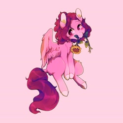 Size: 2479x2479 | Tagged: safe, artist:boorakun, derpibooru import, oc, oc only, pegasus, pony, female, flower, mare, mouth hold, pink background, ponysona, simple background, solo, sunflower