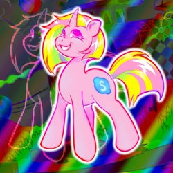 Size: 1080x1080 | Tagged: safe, alternate version, artist:boorakun, derpibooru import, oc, oc only, pony, unicorn, abstract background, full body, oc name needed, smiling, solo, zoom layer