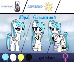 Size: 1620x1368 | Tagged: safe, artist:opal_radiance, derpibooru import, opalescence, oc, pegasus, pony, opal rosamond, reference sheet, rosamond, solo