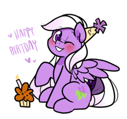 Size: 971x910 | Tagged: safe, artist:paperbagpony, derpibooru import, oc, oc:yoko, pegasus, bow, candle, cupcake, food, happy birthday, hat, one eye closed, party hat, pegasus oc, simple background, tail, tail bow, white background, wink