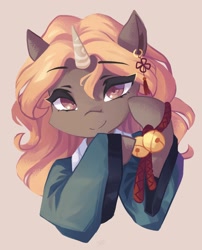 Size: 2418x3000 | Tagged: safe, artist:saxopi, derpibooru import, oc, oc only, pony, unicorn, beige background, bell, brown eyes, bust, cat bell, cheek fluff, clothes, colored pupils, ear piercing, earring, eyebrows, eyebrows visible through hair, eyelashes, high res, horn, jewelry, looking at you, oc name needed, piercing, simple background, smiling, smiling at you, solo, unicorn oc