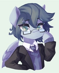 Size: 2418x3000 | Tagged: safe, artist:saxopi, derpibooru import, oc, oc only, pegasus, semi-anthro, adjusting glasses, beige background, bust, clothes, colored pupils, eye clipping through hair, eyebrows, eyebrows visible through hair, eyelashes, glasses, green eyes, high res, looking at you, necktie, oc name needed, pegasus oc, simple background, spread wings, suit, sweater, sweater vest, white shirt, wings