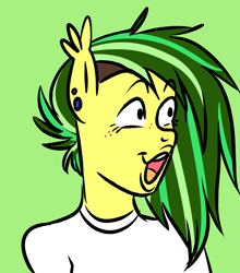 Size: 3257x3697 | Tagged: safe, artist:kaikururu, derpibooru import, oc, oc only, anthro, bat pony, bat pony oc, bust, clothes, ear piercing, female, green background, piercing, poggers, simple background, solo