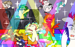 Size: 1224x768 | Tagged: safe, artist:kaikururu, derpibooru import, princess celestia, oc, alicorn, bat pony, pegasus, pony, bat pony oc, bipedal, commission, dancing, female, grin, loudspeaker, male, mare, pegasus oc, smiling, stallion, sunglasses, turntable, unshorn fetlocks, ych result