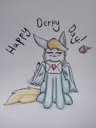 Size: 2816x3754 | Tagged: safe, artist:lil_vampirecj, derpibooru import, derpy hooves, pegasus, pony, art, blushing, caption, colored, commission, derpy day, ears, fineline art, floppy ears, folded wings, food, front view, happy derpy day, heart, holding, letter, love letter, muffin, photo, shaded sketch, shading, sitting, sketch, smiling, solo, text, wings, ych result, your character here