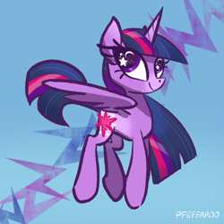Size: 2048x2048 | Tagged: safe, artist:pfeffaroo, derpibooru import, twilight sparkle, twilight sparkle (alicorn), alicorn, pony, abstract background, female, high res, hooves, horn, mare, signature, solo, starry eyes, wingding eyes, wings