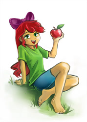 Size: 771x1080 | Tagged: artist needed, source needed, safe, derpibooru import, edit, apple bloom, human, equestria girls, adorabloom, apple, apple bloom's bow, barefoot, blushing, bow, clothes, cute, feet, female, food, grass, hair bow, open mouth, shirt, shorts, simple background, sitting, solo, t-shirt, toes, white background, wrong eye color
