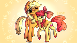 Size: 1600x900 | Tagged: safe, artist:sunniesfunthecupcake, derpibooru import, apple bloom, applejack, earth pony, pony, adorabloom, cute, daaaaaaaaaaaw, female, filly, foal, freckles, jackabetes, mare, siblings, sisters