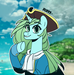 Size: 2027x2052 | Tagged: safe, artist:juiss, derpibooru import, oc, oc only, oc:mintya, pony, unicorn, beach, clothes, hat, ocean, pirate, pirate hat, solo, water