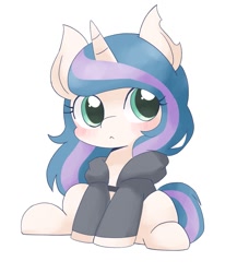 Size: 1547x1700 | Tagged: safe, artist:ginmaruxx, derpibooru import, oc, oc only, pony, unicorn, :<, clothes, cute, female, horn, jacket, looking at you, mare, ocbetes, simple background, sitting, solo, white background