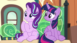 Size: 1280x720 | Tagged: safe, derpibooru import, screencap, starlight glimmer, twilight sparkle, twilight sparkle (alicorn), alicorn, pony, unicorn, the times they are a changeling, cute, duo, duo female, excited, female, glimmerbetes, happy, mare, sitting, train, twiabetes