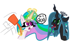 Size: 3840x2160 | Tagged: safe, artist:beepo, derpibooru import, princess celestia, queen chrysalis, alicorn, changeling, changeling queen, pony, female, flyswatter, hissing, mare, this will end in pain, tongue, tongue out