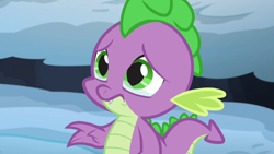 Size: 1280x720 | Tagged: safe, derpibooru import, screencap, spike, dragon, season 6, the times they are a changeling, crying, frown, implied thorax, male, puppy dog eyes, sad, solo, teary eyes