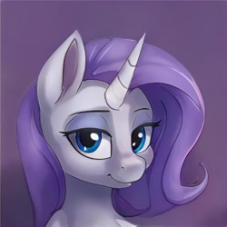 Size: 1024x1024 | Tagged: safe, artist:thisponydoesnotexist, derpibooru import, oc, pony, unicorn, bust, female, gradient background, horn, looking at you, mare, neural network, not rarity, portrait, purple mane, smiling, solo, unicorn oc, white coat