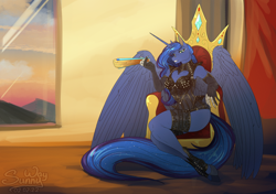 Size: 1200x845 | Tagged: safe, artist:sunny way, derpibooru import, princess luna, alicorn, anthro, unguligrade anthro, art, artwork, digital art, equnie, fan, fancy, feather, female, hoers, horn, hot, mare, my little pony, patreon, patreon reward, patreonreward, sitting, solo, throne, throne room, wings