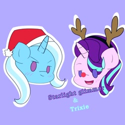 Size: 400x400 | Tagged: safe, artist:zeon_starlight, derpibooru import, starlight glimmer, trixie, pony, unicorn, antlers, beady eyes, christmas, duo, female, hat, holiday, looking at you, mare, open mouth, open smile, purple background, reindeer antlers, santa hat, simple background, smiling, smiling at you, text