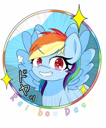 Size: 1707x2048 | Tagged: safe, artist:zeon_starlight, derpibooru import, rainbow dash, pegasus, pony, badge, bust, cute, dashabetes, female, japanese, looking at you, mare, simple background, smiling, smiling at you, solo, sparkles, spread wings, text, translation request, white background, wings